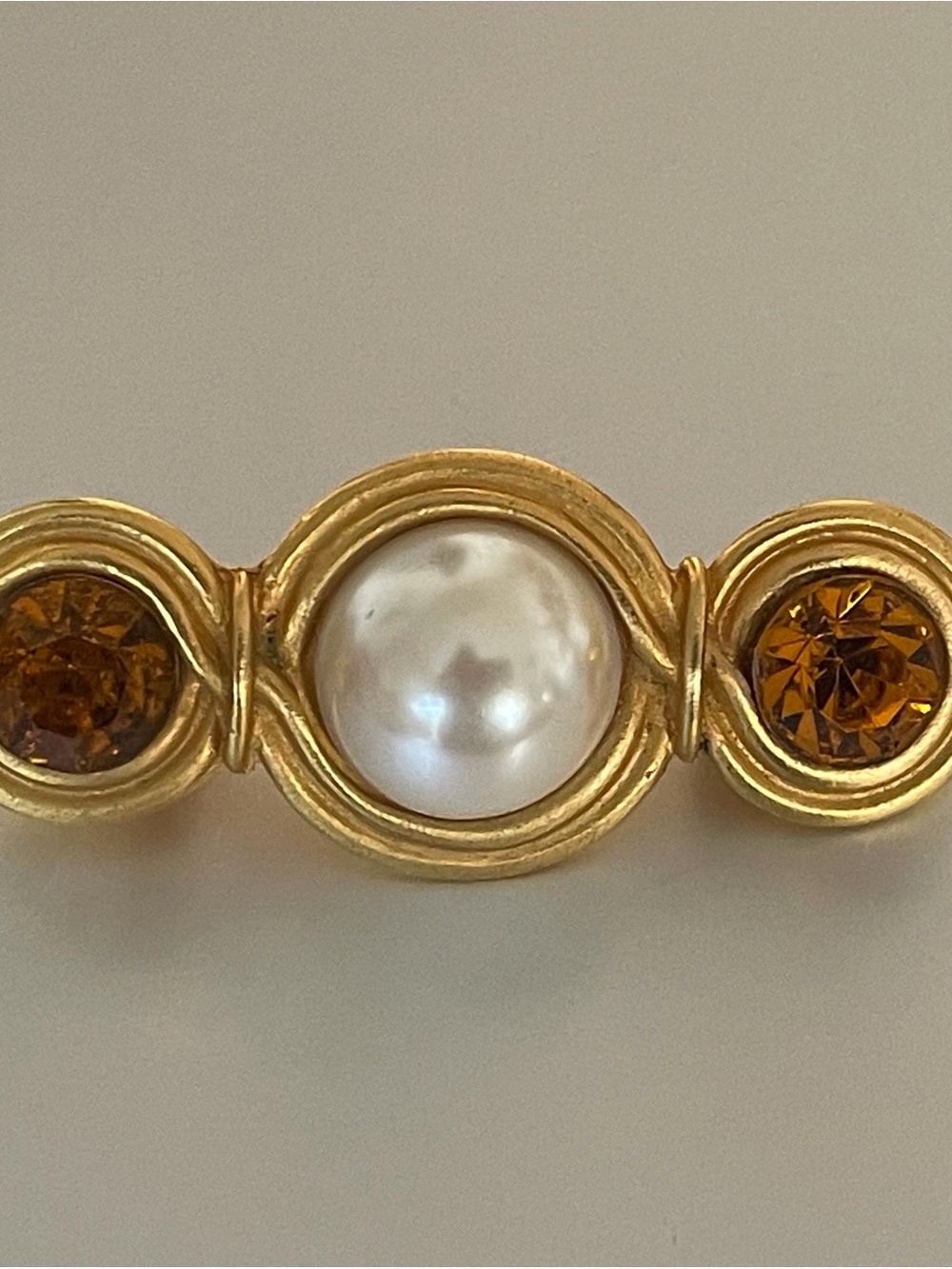 Vintage Dubin Gold Tone , Faux Pearl and Amber Crystal Brooch.